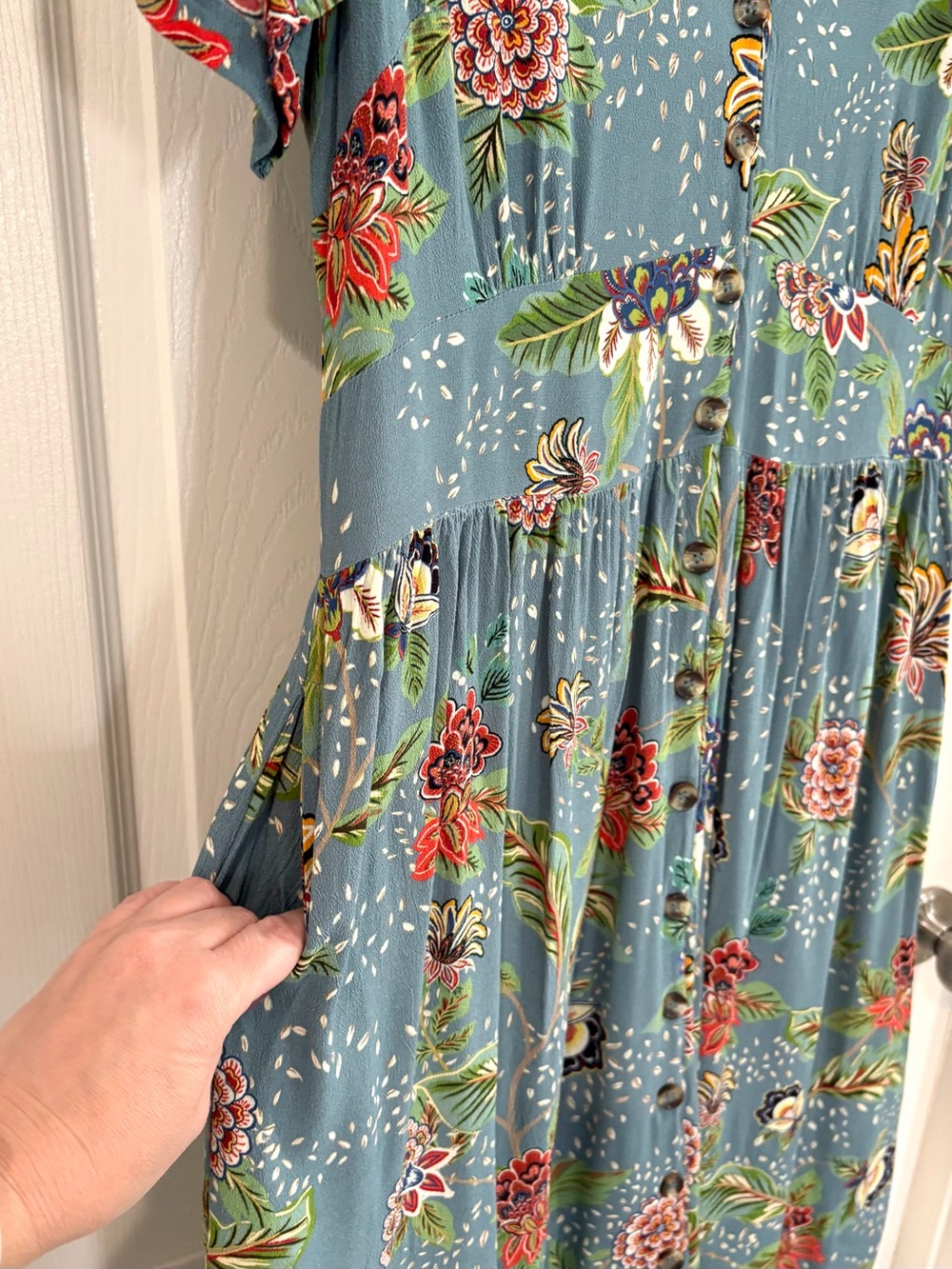 Joanie Blue Floral V-Neck Button-Front Midi Dress US 12 Pockets Vintage Inspired - Picture 10 of 13